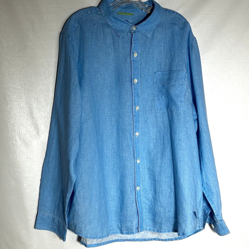 Tommy Bahama Mens Sz XL 100% Linen Blue Button Up Shirt Long Sleeve Casual
